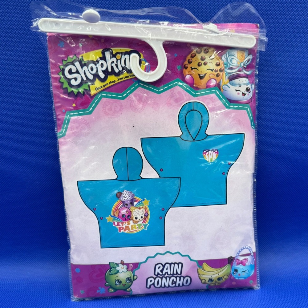 Shopkins NEW Girls Blue Rain Poncho Hooded Lets Party Creamy Cookie Cupcake NWT